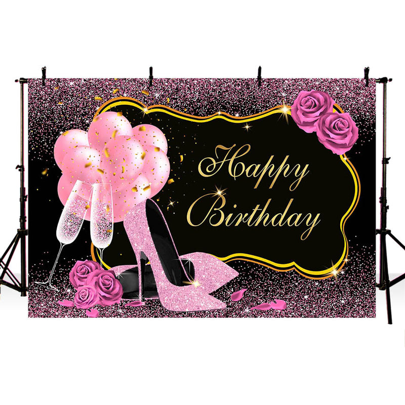 Fondo de cumpleaños rosa dulce, brillo brillante, tacones altos, champán, adultos, mujeres, decoración de cumpleaños, fondo para fotomatón
