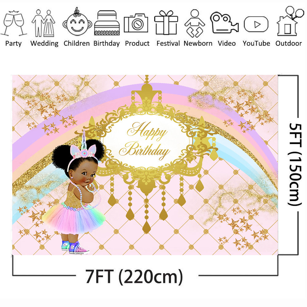Sweet Rainbow Birthday Theme Photography Backdrops Royal Princess Unicorn Gold Pink Birthday Party Banner Decoration