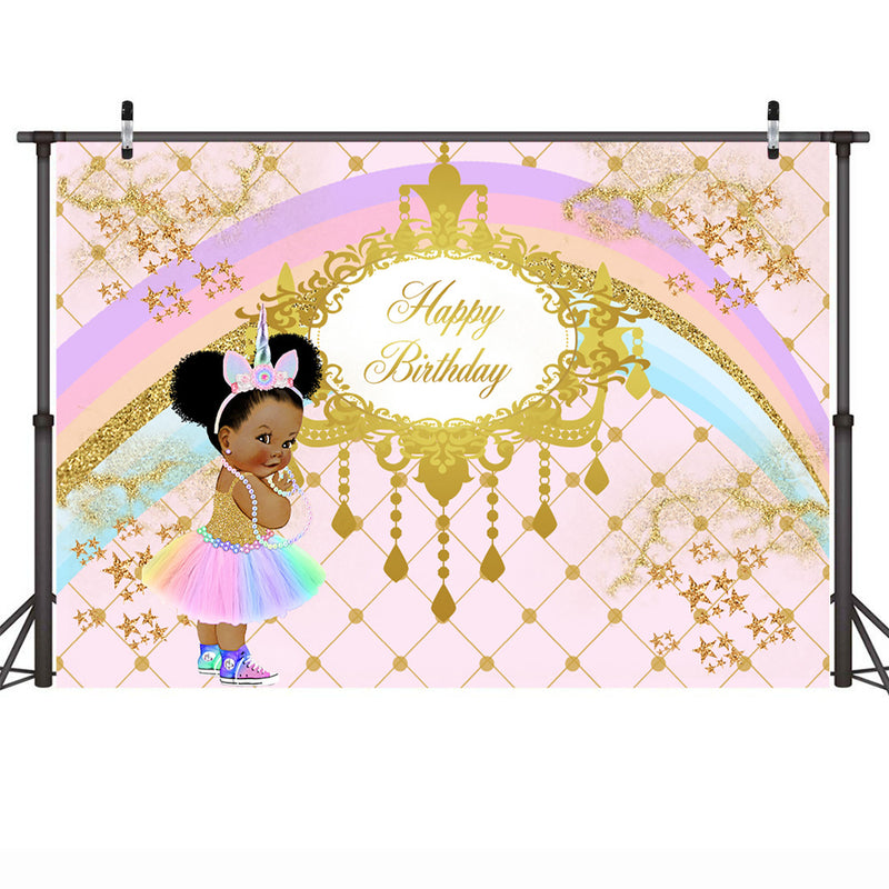 Sweet Rainbow Birthday Theme Photography Backdrops Royal Princess Unicorn Gold Pink Birthday Party Banner Decoration
