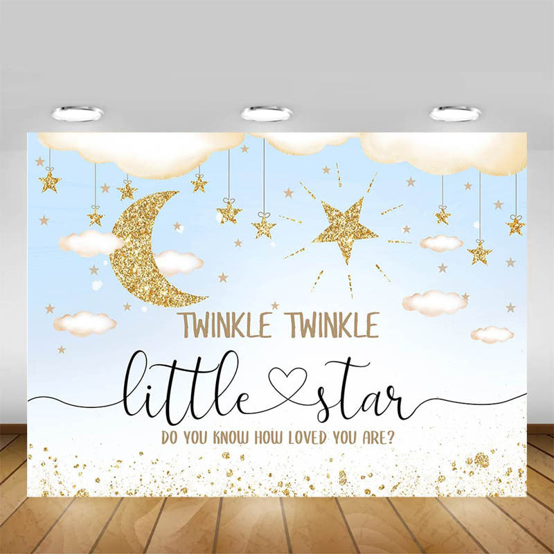 Twinkle Twinkle Little Star Telón de fondo Bebé recién nacido Cumpleaños Fondo Brillo Cielo dorado estrellado Luna Estrellas Pastel Mesa Decoración Accesorios 