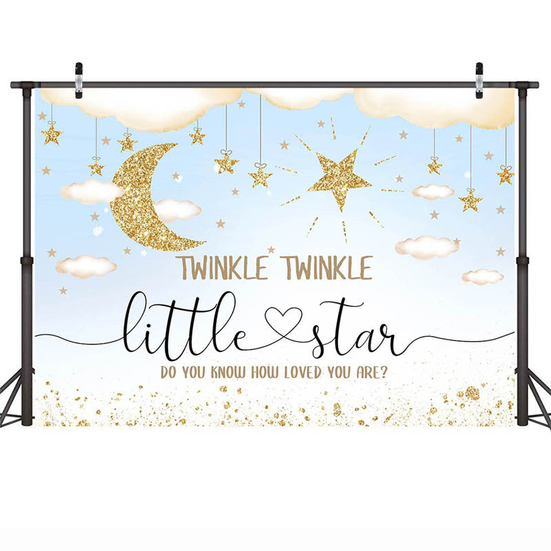 Twinkle Twinkle Little Star Telón de fondo Bebé recién nacido Cumpleaños Fondo Brillo Cielo dorado estrellado Luna Estrellas Pastel Mesa Decoración Accesorios 