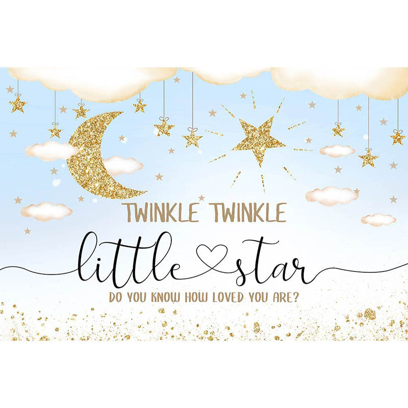 Twinkle Twinkle Little Star Telón de fondo Bebé recién nacido Cumpleaños Fondo Brillo Cielo dorado estrellado Luna Estrellas Pastel Mesa Decoración Accesorios 