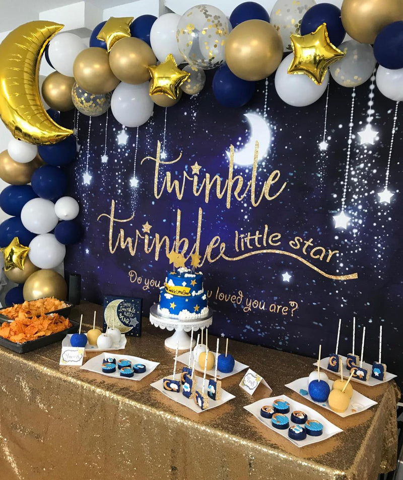 Fondo de fotografía Twinkle Twinkle Little Star, estrella brillante y Luna, galaxia, azul marino, brillo, pequeña estrella, cumpleaños 