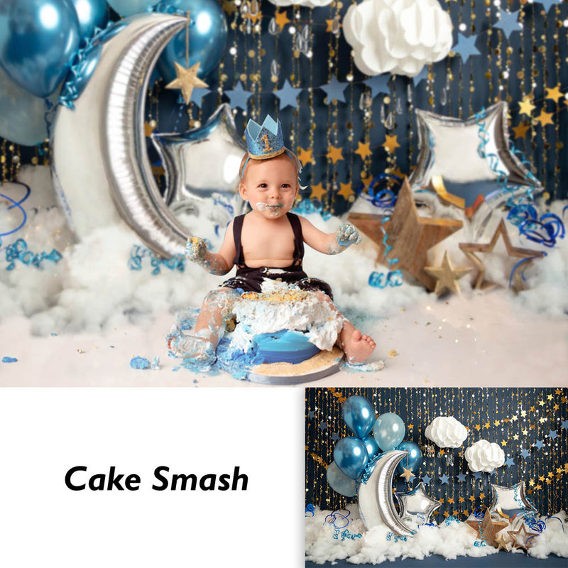 Twinkle Twinkle Little Star Cake Smash Toile de fond Nouveau-né Enfants Gâteau d'anniversaire Smash Portrait Photoshoots Ballons bleus et nuages