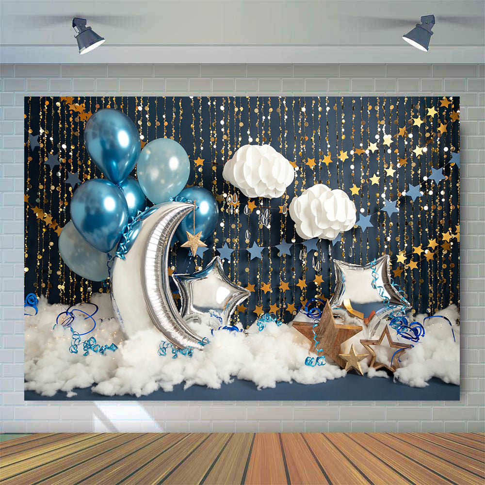 Twinkle Twinkle Little Star Cake Smash Backdrop Newborn Kids Birthday Cake Smash Portrait Photoshoots Blue Balloons and Clouds