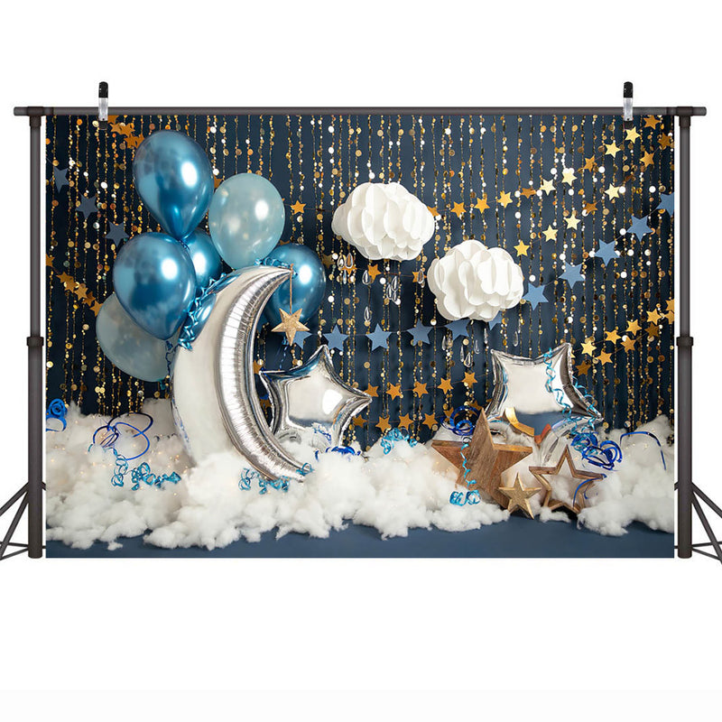 Twinkle Twinkle Little Star Cake Smash Backdrop Newborn Kids Birthday Cake Smash Portrait Photoshoots Blue Balloons and Clouds