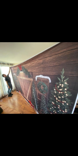 Porte rustique de noël, gâteau d'anniversaire, arrière-plan, couronne d'arbres de noël, lampe de fond, neige, hiver, photographie de Portrait rétro 