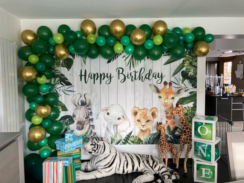 Jungle vert forêt joyeux anniversaire fond photographie bois Safari fê –  dreamybackdrop