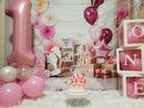 Fondo de fotografía de 1er cumpleaños, globo de fiesta de cumpleaños, flores, fondo blanco, decoración, foto, estudio fotográfico