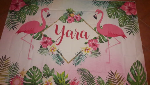 Flamingo Celebration Birthday Photo Background Summer Hawaiian Vacation Style Backdrop Flowers Pineapple Leaves Golden