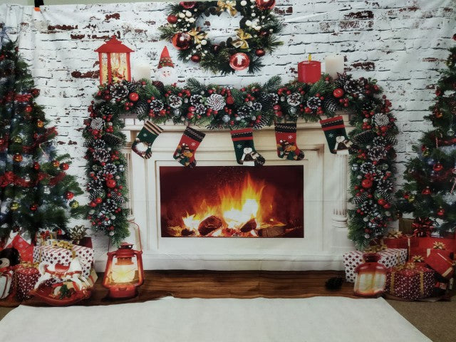 Photography Backdrop Winter Christmas Fireplace Photoshoot Brick Wall Merry Xmas Party Background Decorations Socks Gifts Wreath
