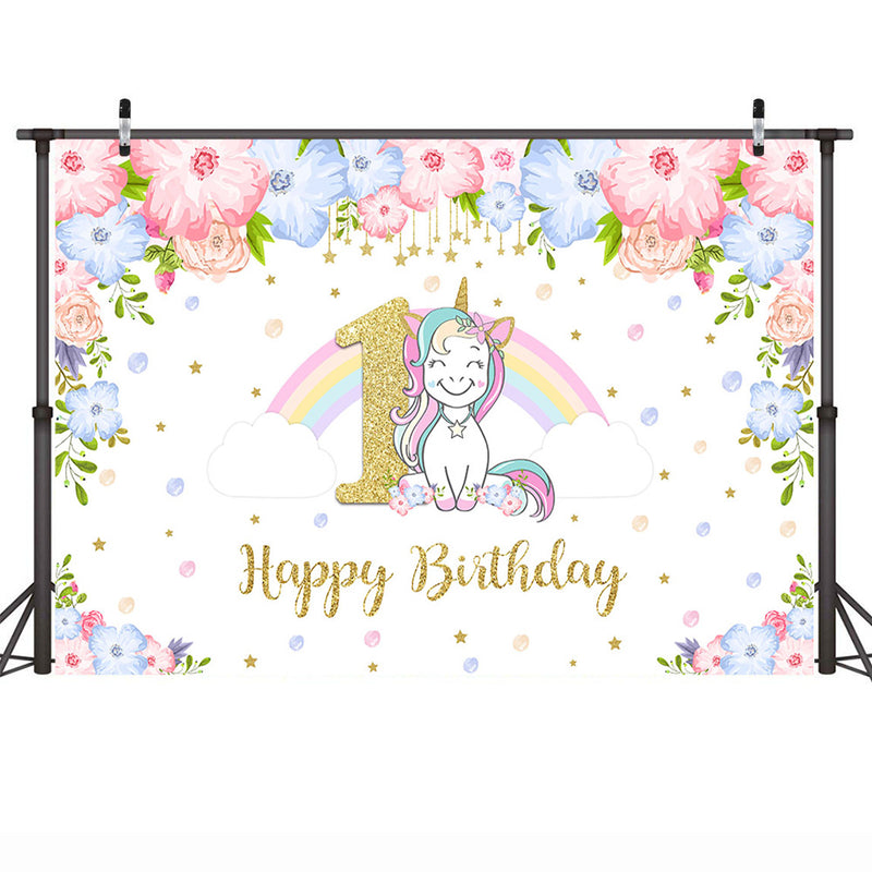 unicorn-themed-1st-birthday-party-photo-background-rainbow-glitter-stars-flower-photography-backdrops-cake-table-banner