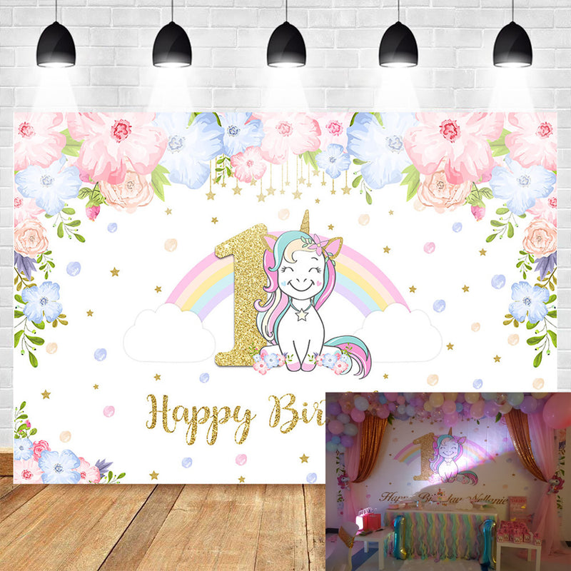 unicorn-themed-1st-birthday-party-photo-background-rainbow-glitter-stars-flower-photography-backdrops-cake-table-banner