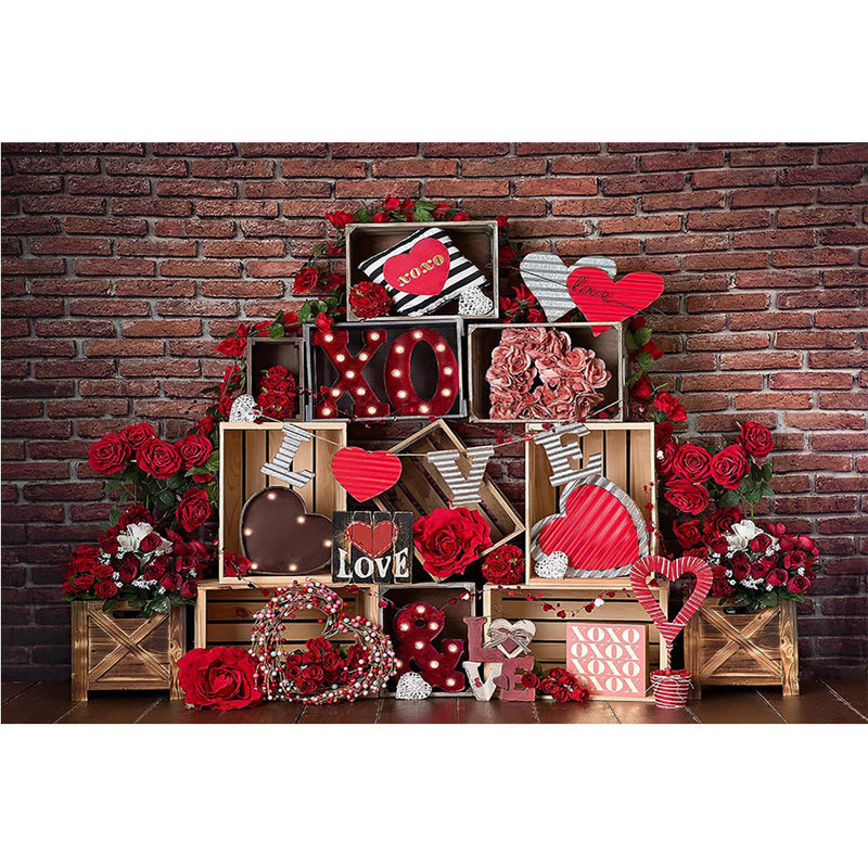 Valentine's Day Backdrop Brick Wall Photography Romantic Wedding Red Rose Love Background Decoration Couple Portrait Photo Shoot