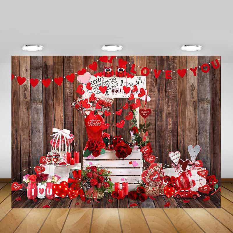 Fondo del Día de San Valentín para fotografía XOXO besos retrato telón de fondo flores rosas rojas amor boda sesión fotográfica accesorio de madera marrón 