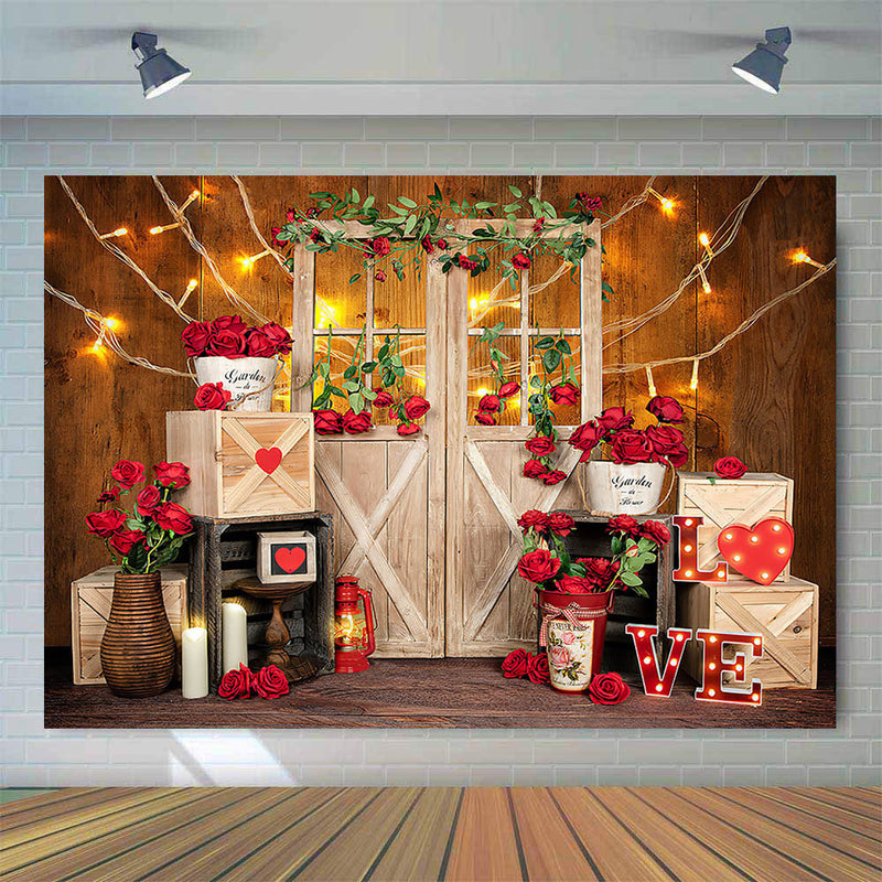Valentine's Day Roses Light Photo Backdrop Rose Wooden Door Garden Rose Flowers Newborn Kids Portrait Photo Shoot Background