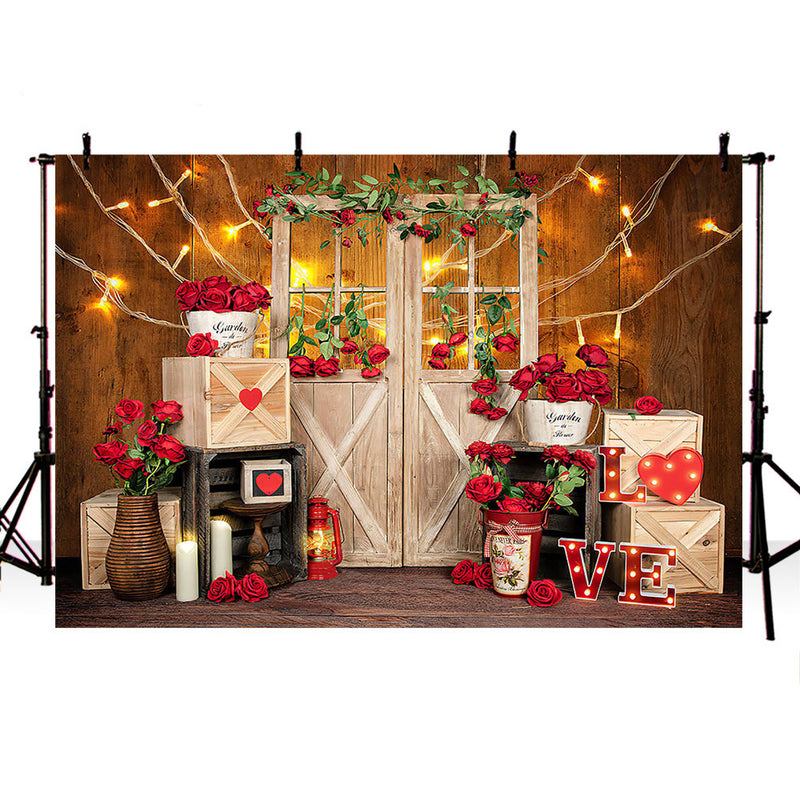 Valentine's Day Roses Light Photo Backdrop Rose Wooden Door Garden Rose Flowers Newborn Kids Portrait Photo Shoot Background