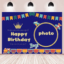 Fondo de fotografía de vinilo telón de fondo azul personalizado decoración de feliz cumpleaños para niño tren avión corona dorada banderines