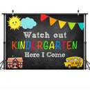 Watch out Kindergarten Photo Backdrop for Photography Children Fist Day of School Background Kindergarten School Bus Sun Cloud