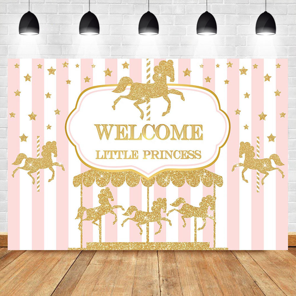 Welcome Little Princess Baby Shower Backdrop Gold Carousel Baby Shower Photo Background Pink White Stripe Photography Backdrops
