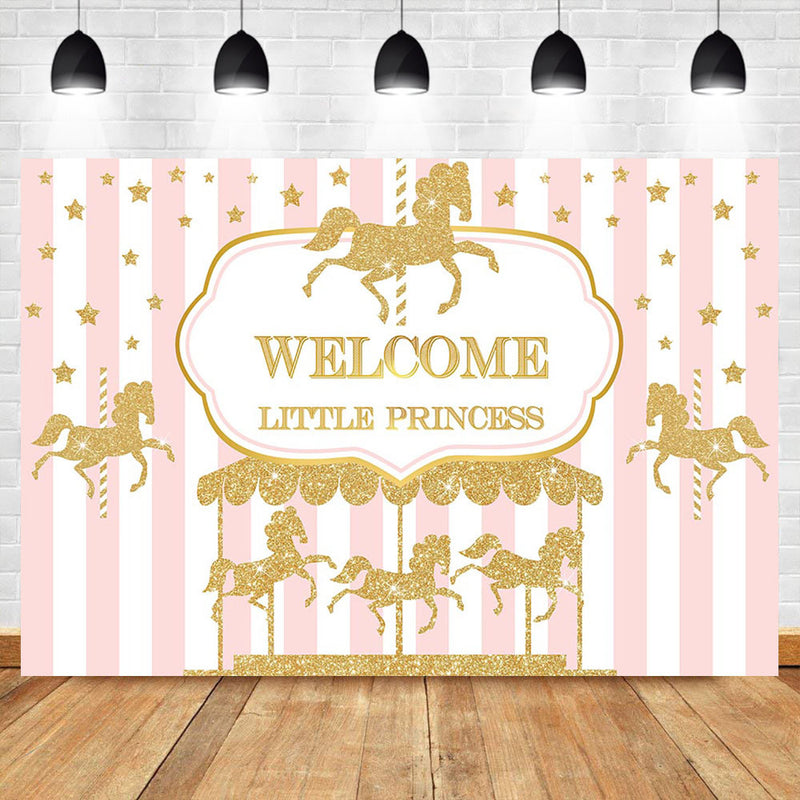 Bienvenue petite princesse bébé douche toile de fond or carrousel bébé douche Photo fond rose blanc rayure photographie décors