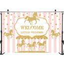 Telón de fondo de bienvenida para Baby Shower, carrusel dorado, foto de Baby Shower, rayas rosas y blancas, telón de fondo para fotografía