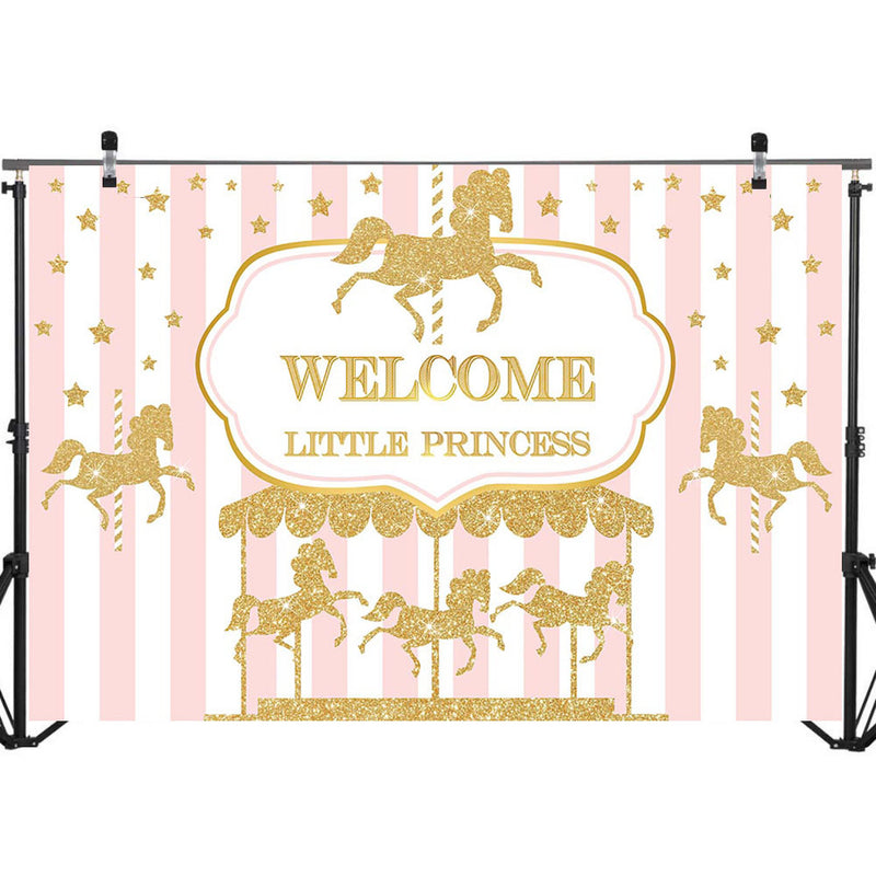 Telón de fondo de bienvenida para Baby Shower, carrusel dorado, foto de Baby Shower, rayas rosas y blancas, telón de fondo para fotografía