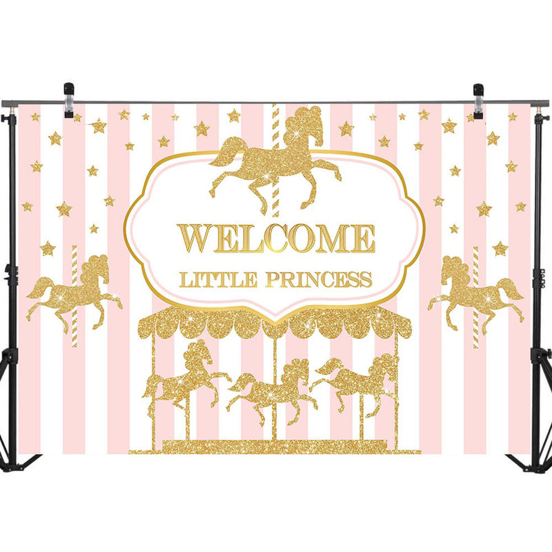 Bienvenue petite princesse bébé douche toile de fond or carrousel bébé douche Photo fond rose blanc rayure photographie décors