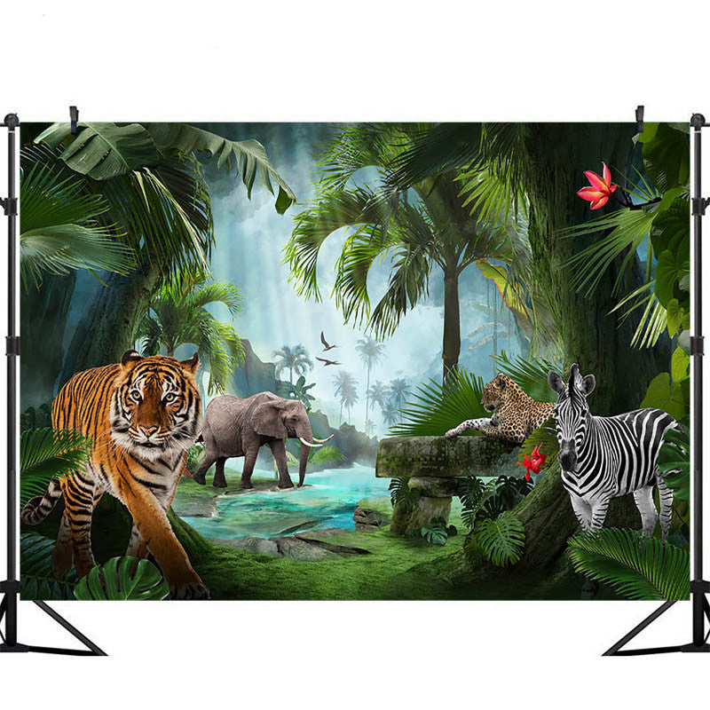 Arrière-plan de Safari sauvage, accessoires Photo d'anniversaire, animaux de la Jungle, arrière-plan de stand de Studio, tigre, éléphant, gâteau, bannière de séance Photo