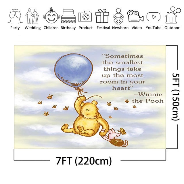 Fondo de fotografía de Winnie the Pooh, fondo de globos con nubes blancas y cielo azul con temática de oso Winnie, decoración para fiesta, sesión fotográfica personalizada