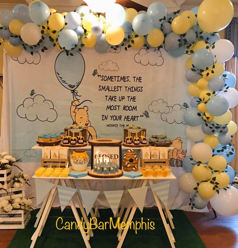 Classic Pooh Backdrop Baby Shower Light Blue Background Hot Air
