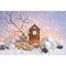 Fondo de nieve de invierno para sesión fotográfica, Fondo de casa de madera con copos de nieve de Navidad, regalos de Navidad, bolas, retrato de recién nacido