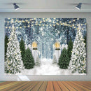 Toile de fond de scène de neige d'hiver pour la photographie, arbre de pin, forêt, paillettes, arrière-plan lumineux pour Photo de Portrait d'anniversaire d'enfants