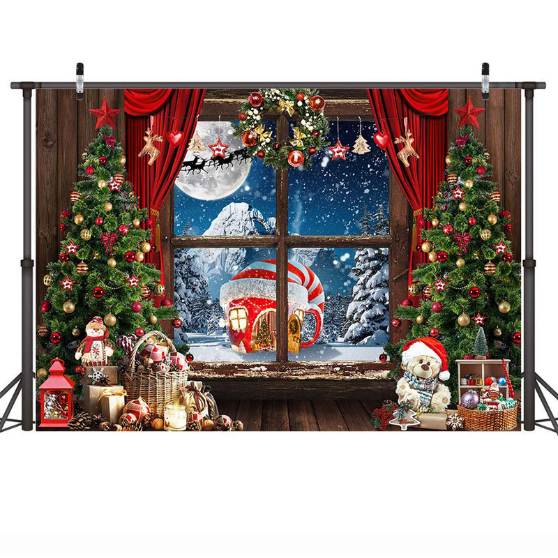 Winter Window Wonderland Backdrop Christmas Trees Gifts Frozen Snow Scene Background Curtain Full Moon Night Merry Xmas Party