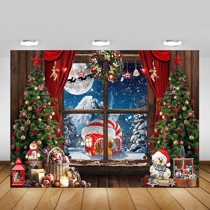 Winter Window Wonderland Backdrop Christmas Trees Gifts Frozen Snow Scene Background Curtain Full Moon Night Merry Xmas Party