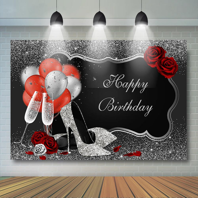 Women Birthday Party Backdrop Rose Shiny Sequin High Heels Sliver Black Background Adults Women Happy 30th 40th 50th Birthday Decor