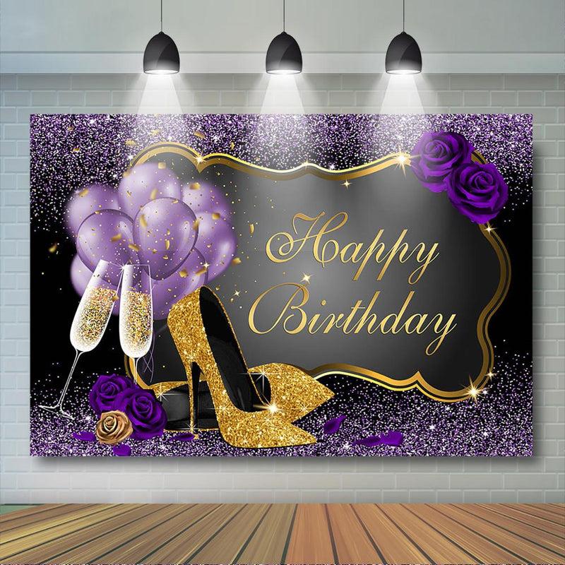 Women Birthday Party Backdrop Rose Shiny Sequin High Heels Purple Golden Background Adults Women Happy 30th 40th 50th Birthday Decor