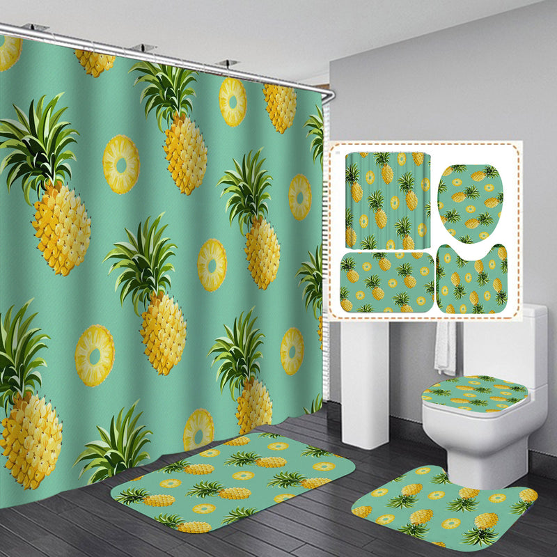 Summer Pineapple Shower Curtain Fruit Waterproof Set Home Decor Bath Mat Toilet Lid Cover Flannel Bathroom Carpet 4 Piece Set