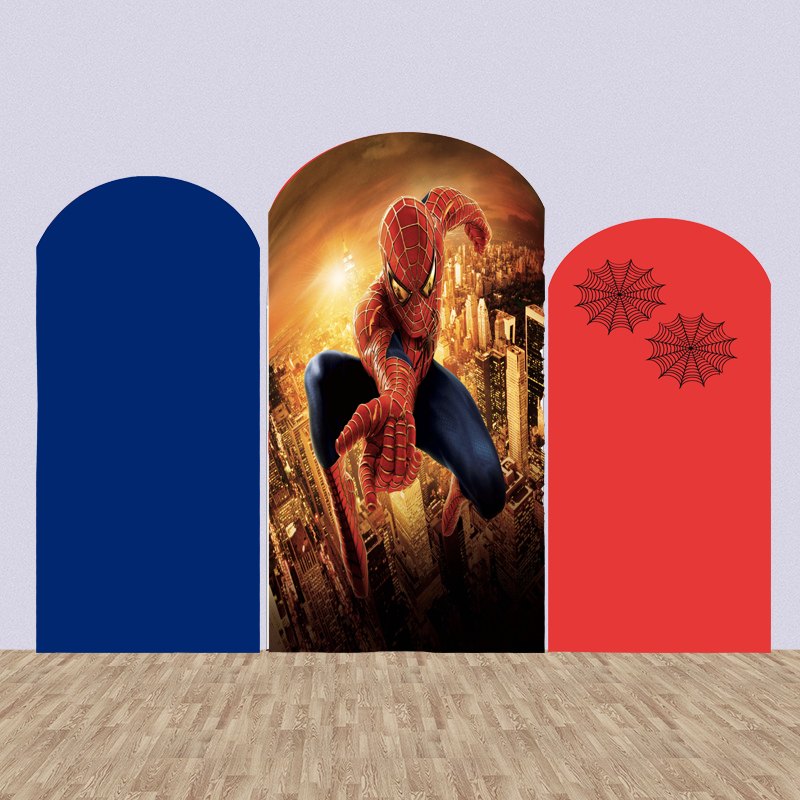 Spiderman Photo Background Cover Blue Red Arch Theme Round Background Double Side Elastic Covers