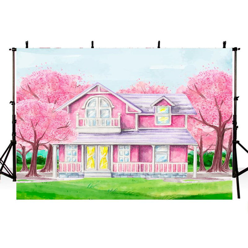 Spring Scenes Photography Backdrops Pink House Trees Background Holiday Scenery Backdrops Photo Studio