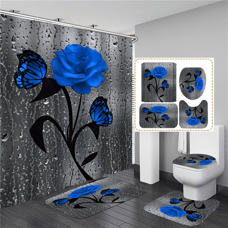 Blue Rose Print 3D Shower Curtain Waterproof 