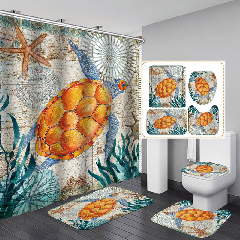 Sea Turtle Shower Curtain Starfish Waterproof Set Home Decor Under the Sea Bath Mat Toilet Lid Cover Flannel Bathroom Carpet 4 Piece Set