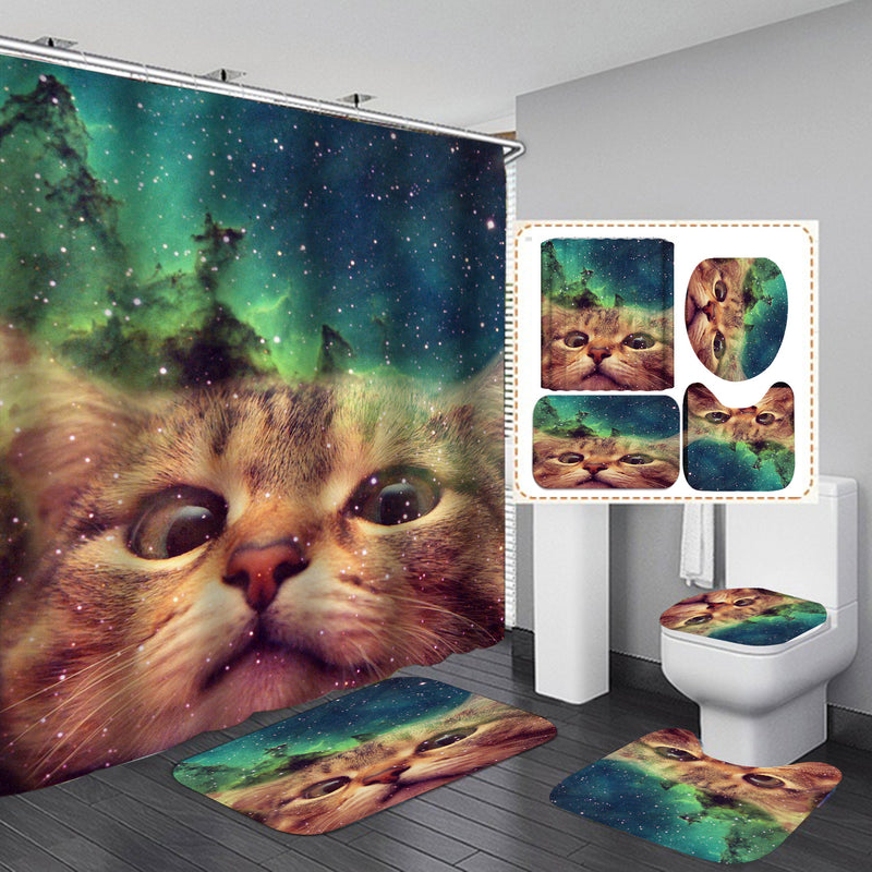 Cat Shower Curtain Animal Bathroom Bath Carpet Anti-slip Mats Doormats Soft Toilet Rugs 4 pieces Set Home Decoration