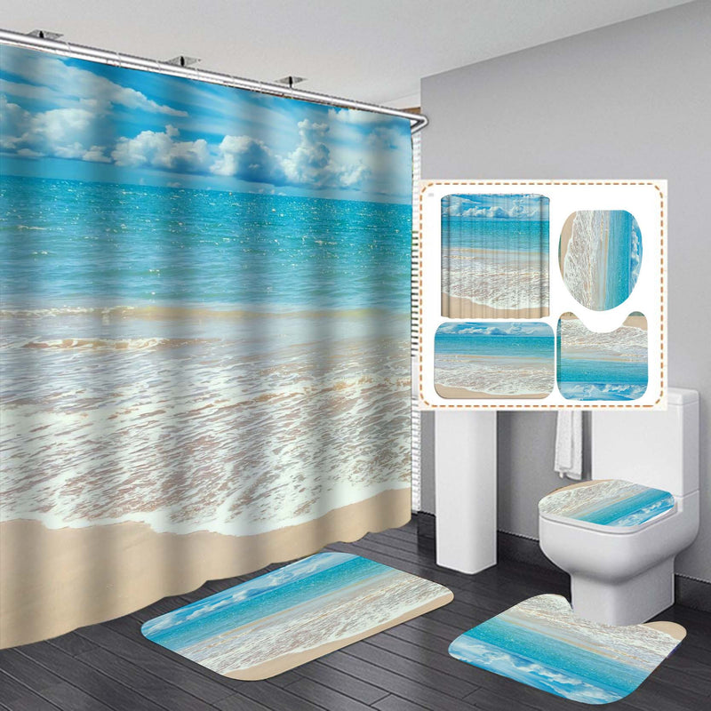 Ocean Shower Curtain Luau Summer Tropical Waterproof Set Home Decor Hawaii  Bath Mat Toilet Lid Cover Flannel Bathroom Carpet 4 Piece Set