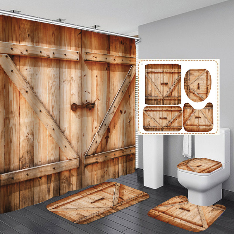 Wood Floor Shower Curtain Crude Wood Waterproof Set Home Decor Bath Mat Toilet Lid Cover Flannel Bathroom Carpet 4 Piece Set