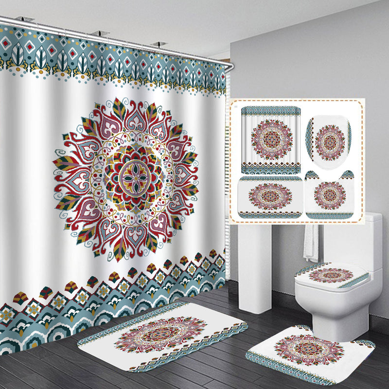 Bohemia Shower Curtain Set Home Decor India Mandala Waterproof Bath Mat Toilet Lid Cover Flannel Bathroom Carpet 4 Piece Set