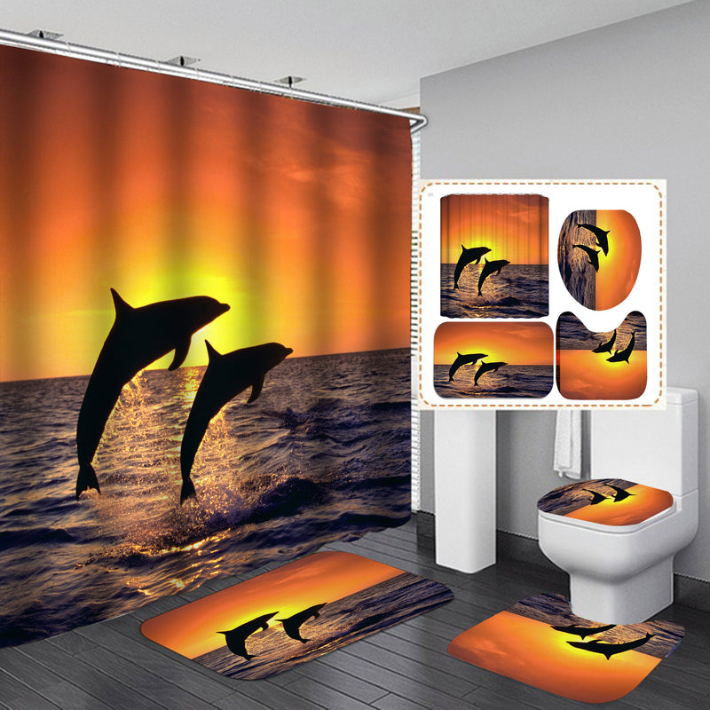 Sunset Dolphin Shower Curtain Waterproof Set Home Decor Ocean Bath Mat Toilet Lid Cover Flannel Bathroom Carpet 4 Piece Set