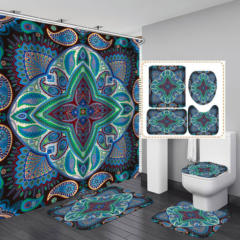 Bohemia Shower Curtain Set Home Decor India Mandala Waterproof Bath Mat Toilet Lid Cover Flannel Bathroom Carpet 4 Piece Set