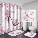 Women High Heel Shower Curtain Waterproof Pink Flowers Bath Mat Toilet Lid Cover Flannel Bathroom Carpet 4 Piece Set