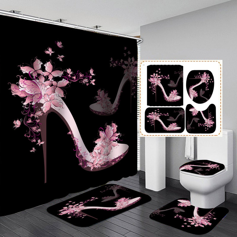 Women High Heel Shower Curtain Waterproof Flowers Bath Mat Toilet Lid Cover Flannel Bathroom Carpet 4 Piece Set